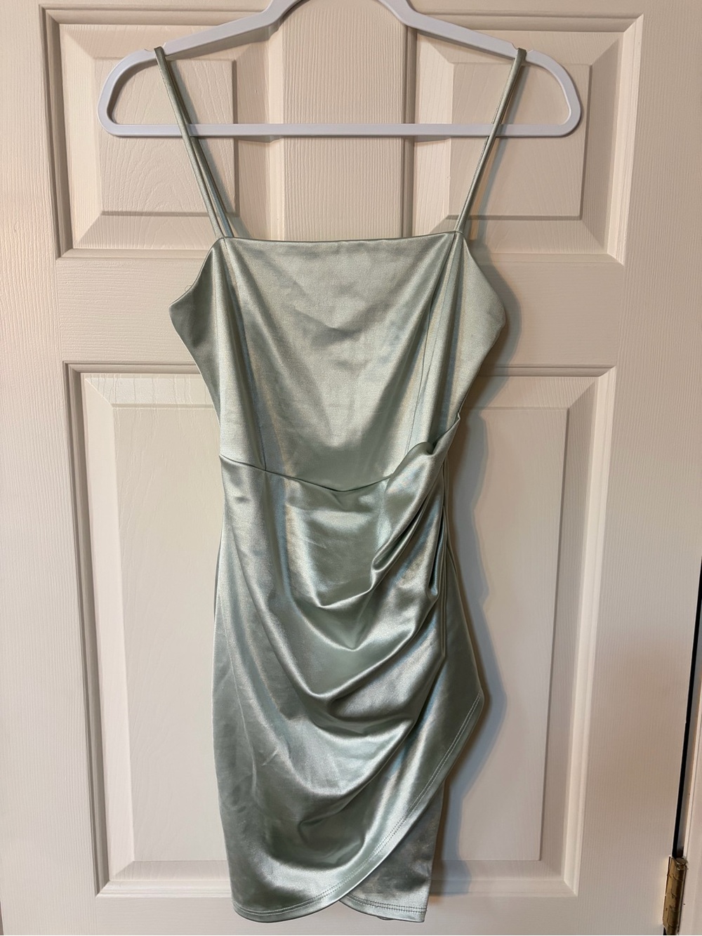 Windsor Satin Light Sage Green Spaghetti Strap Prom Dress
